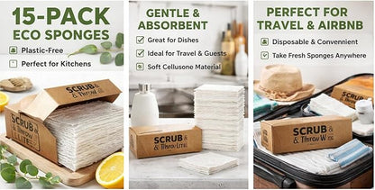 Scrub & Throw Lite, Cellulose Sponges (15-Pack), Eco-Friendly, All-Purpose Household Natural Cellulose Sponges, for Dishes, Cleaning, Biodegradable, Non-Scratch