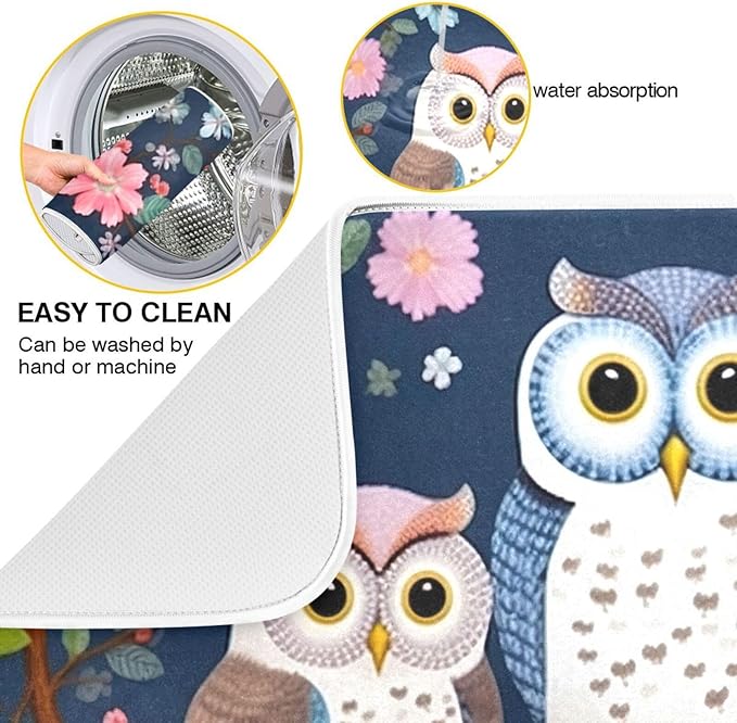 Dish Drying Mat Kitchen Counter Absorbent Three Owls Coffee Sink Mat Dish Drainer Pad 18 Inch x 24 Inch