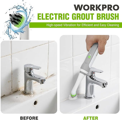 WORKPRO Cordless Grout Brush Set, 5500RPM Power Scrubber, IPX6 Waterproof Electric Scrubber with Type-C Charging Cable and Replaceable Brush Heads for Cleaning Grout, Tiles, Grime, and Crevices