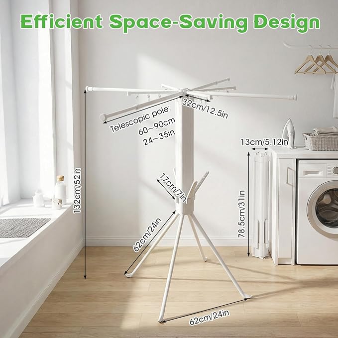 cjc Foldable Clothes Drying Rack, Space Saving Laundry Drying Rack,Collapsible Drying Rack Used for Indoor,Outdoor, 4 Retractable Drying Rods + 4 Shoe Racks + 4 Sock Clips with 16 Clips White
