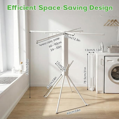 cjc Foldable Clothes Drying Rack, Space Saving Laundry Drying Rack,Collapsible Drying Rack Used for Indoor,Outdoor, 4 Retractable Drying Rods + 4 Shoe Racks + 4 Sock Clips with 16 Clips White
