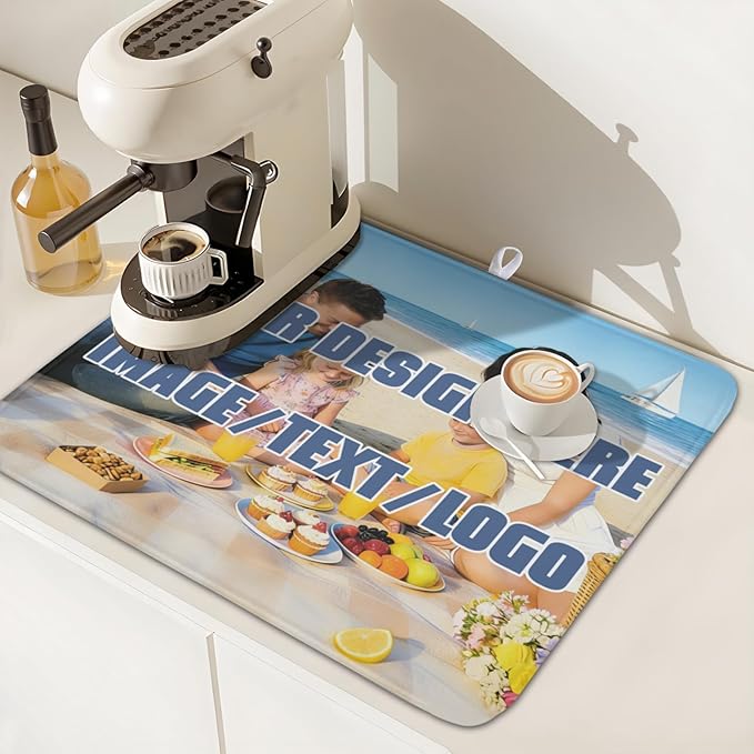 Custom Dish Drying Mat for Kitchen Counter Design Your Photo Text Business Logo 16 x 18 Inch Dish Drainer Mat Absorbent Microfiber for Coffee Bar Kitchen Dining Counter Decor