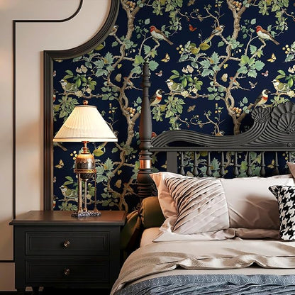 Nukofal Dark Bird Peel and Stick Wallpaper Vintage Floral Contact Paper 16.9inch x 196.8inch Dark Floral Wallpaper Peel and Stick Boho Self Adhesive Removable Wall Paper for Cabinets Bathroom Decor