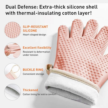 Silicone Oven Gloves with Fingers, High Temperature 450F Heat Resistant Oven Mitts Waterproof & Non-Slip Good Grip BBQ Grilling Gloves for Kitchen Cooking, Baking, Welding (Pink) ﻿