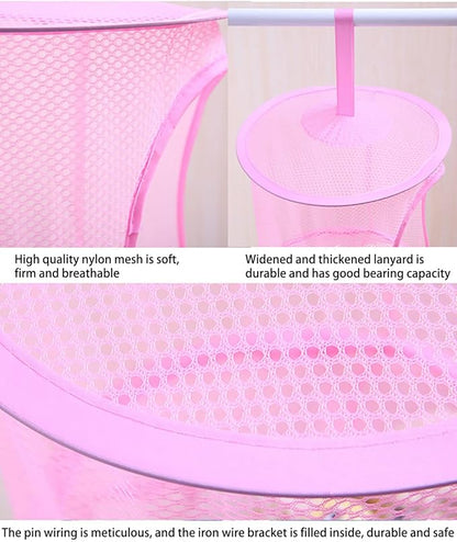 Mesh Hanging Storage Basket With 3 Compartments Foldable Hanging Storage Organizer Net Bag for Toys Storage, Space Saver Sundries Clothes Bra Underwear Socks Drying Basket Laundry Hamper (Blue)