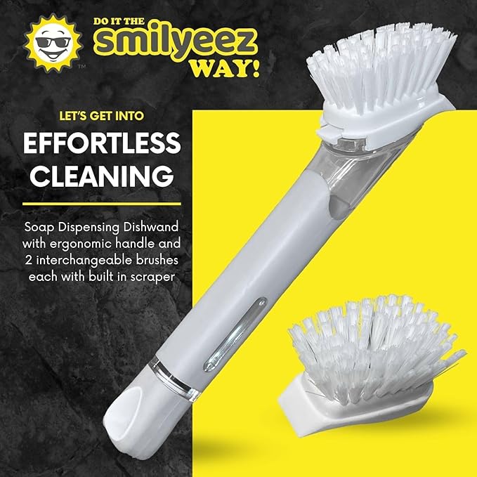 Smilyeez Soap Dispensing Dishwand (Light Blue) with Ergonomic Handle and 2 Interchangeable Brushes - Effortless Cleaning and Long-Lasting Durability - Kitchen and Dishwashing Essential