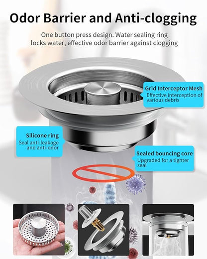 3 in 1 Kitchen Sink Drain Strainer [304 Stainless Steel Pop Up] Anti-Clogging Kitchen Sink Drain Stopper Stainless Steel Efficiently Drainage Odor Filter Sink Plug for Us Standard 3-1/2 Inch