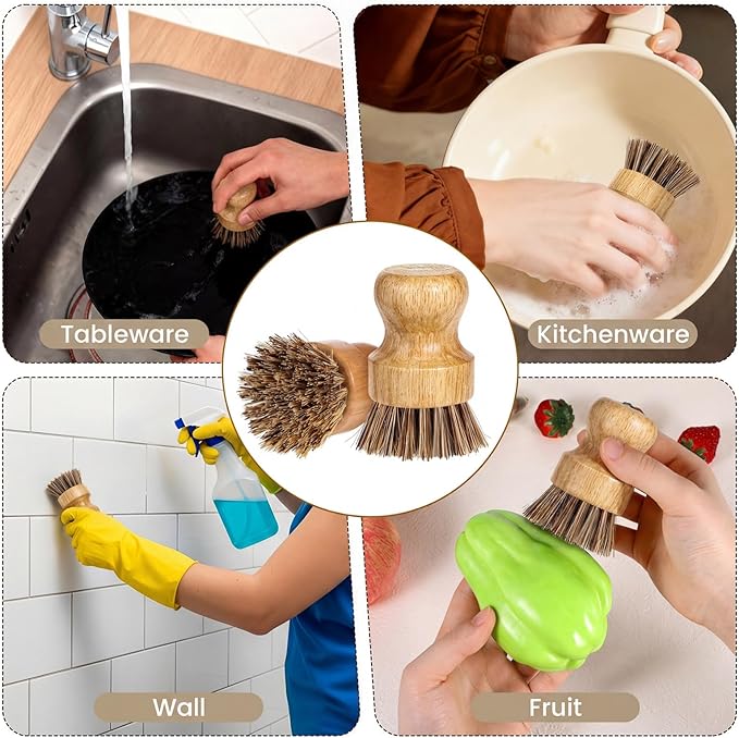 12 Packs Bamboo Dish Scrub Brush Wooden Washing Scrubbers with Sisal Bristles Kitchen Palm Pot Brush Round Mini Dish Brushes for Household Iron Pot Pan Sink Sink Vegetables Cleaning (Brown)