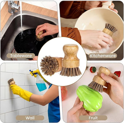 12 Packs Bamboo Dish Scrub Brush Wooden Washing Scrubbers with Sisal Bristles Kitchen Palm Pot Brush Round Mini Dish Brushes for Household Iron Pot Pan Sink Sink Vegetables Cleaning (Brown)