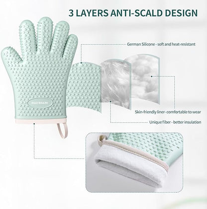 MAD SHARK Silicone Oven Mitts Heat Resistant 450 Degrees,Waterproof & Non-Slip Oven Gloves with Fingers,Cotton Lined Silicone Oven Gloves Kitchen Mitts for Baking Cooking Barbecue,Women (Green)