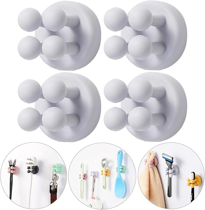 iBetterLife Bathroom Toothbrush Holders Wall Mounted - 4Pcs Silicone Tooth Brush Razor Holder for Shower Mirror Hanging Loofah Towel, Self Adhesive Cute Storage Hook for Kitchen Living Room Office