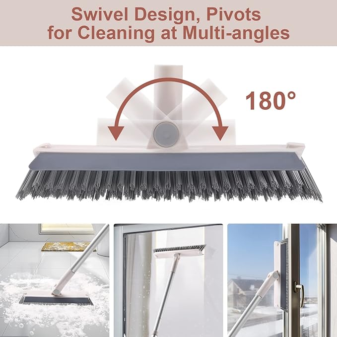 Grout Brush with Long Handle, 2 in 1 Floor Scrub Brush with Squeegee, Shower Scrubber Cleaner Swivel Stiff Bristle for Cleaning Baseboards Tile Floors Bathroom Wall