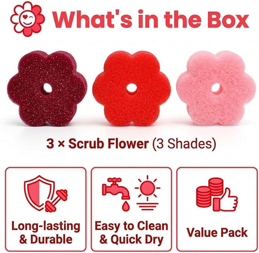 Scrub Flower Temperature Sensitive Sponges -Non-Scratch Scrubbers for Kitchen & Home - Firm in Cold & Soft in Warm Water - Odor Resistant Color-Coded Dish Sponges (Wild Poppy, 3 Count)
