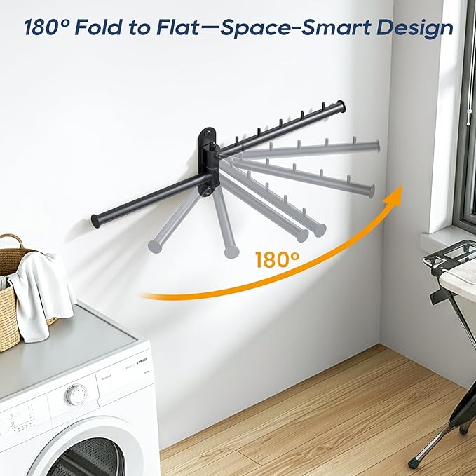 Wall Mounted Drying Rack, 2-Tier Laundry Drying Rack with Swing Arm, Space-Saving Foldable Laundry Clothes Hanger with 10 Clips for Laundry Room Closet Organizer Bathroom Bedroom (2 Pack)