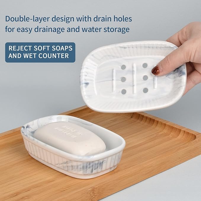 Ceramic Soap Dish, Self-draining Soap Holder, Double Layer Bar Soap Holder Marble Blue, Draining Soap Dishes for Bathroom Shower Kitchen, Easy to Clean, Keep Soap Dry, ANTIS'S HOME