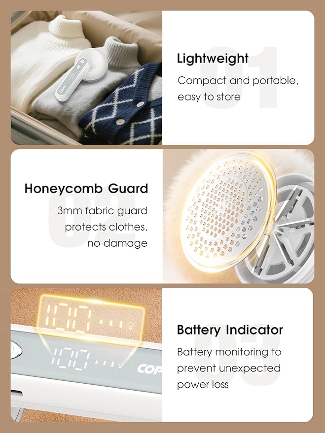 COPPA Lint Remover, LR-01 Remove Fuzz Lint USB-C Rechargeable 6 Blades & 3 Speed Mode Shut-Off Protection Portable Fuzz Remover with Battery Display for Clothing Furniture Curtain