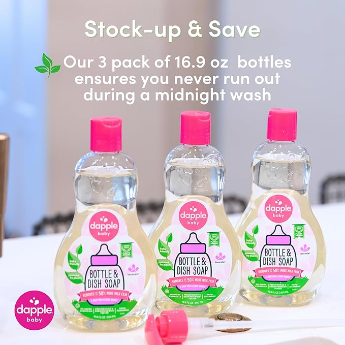 Dapple Baby Bottle Soap, Hypoallergenic Dish Soap for Baby Bottles, Powered by Plants, Lavender, 16.9 Fl Oz (Pack of 3)