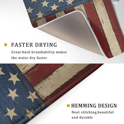 America Flag Star Stripes 4th of July Dish Drying Mat For Kitchen Counter Rustic Patriotic Independence Day Microfiber Absorbent Drying Mats Reversible Kitchen Countertop Drainer Pad 18x24 Inch