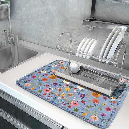 Colorful Flower Dish Drying Mat - Blue Large Floral Coffee Mat for Kitchen Counter Decor 18 X 24