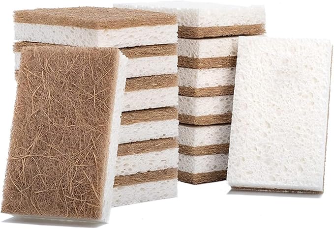 12 Pack Natural Cellulose Biodegradable Sponges, Non Scratch Kitchen Cleaning Sponge, Eco Friendly Coconut Fiber and Wood Cellulose Scrubber Sponge, Household Cleaning Sponges for Kitchen Dishwashing