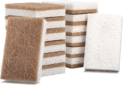 12 Pack Natural Cellulose Biodegradable Sponges, Non Scratch Kitchen Cleaning Sponge, Eco Friendly Coconut Fiber and Wood Cellulose Scrubber Sponge, Household Cleaning Sponges for Kitchen Dishwashing
