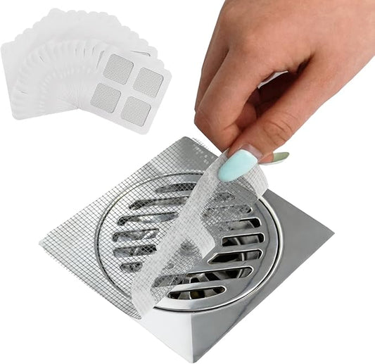 50Pcs Disposable Shower Drain Hair Catcher, Prevents Hair Clogs, 4x4 Inch Mesh Drain Covers & Disposable Drain Stickers - for Bathroom, Sink, Bathtub & Laundry