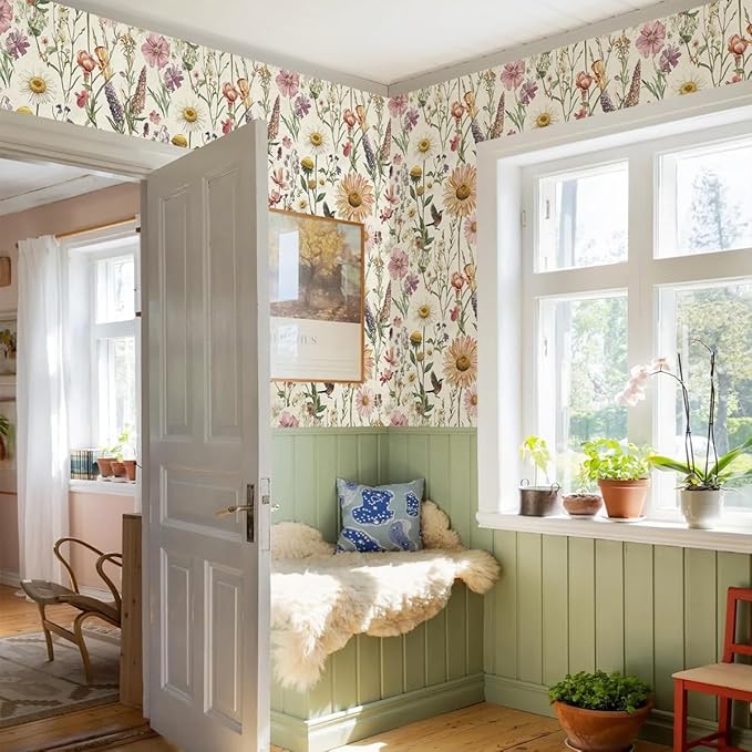 Livebor Floral Peel and Stick Wallpaper Floral Bird Contact Paper 16.9inch x 393.7inch Vintage Flower Wallpaper Peel and Stick Self Adhesive Flower Contact Paper Botanical Decor for Bathroom Vinyl