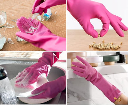 Myungjin 2 Pairs Reusable Waterproof Non-Slip Honeycomb Grip Latex Rubber Gloves with Hang-Dry Hooks/Hanging Loops for Dishwashing Household Cleaning Cooking (Medium)
