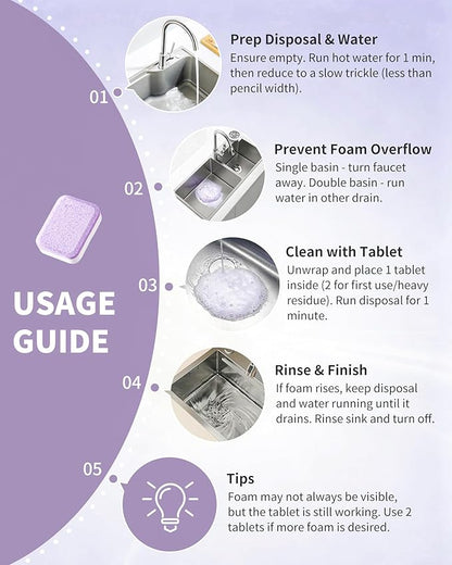 Garbage Disposal Cleaner Deodorizer Tablets - 24 Pack Powerful XL Sink Disposal Cleaner Foaming Tablet, Lavender Foam Garburator Disposer Freshener, Natural Kitchen Drain Cleaning Care, 1 Year Supply