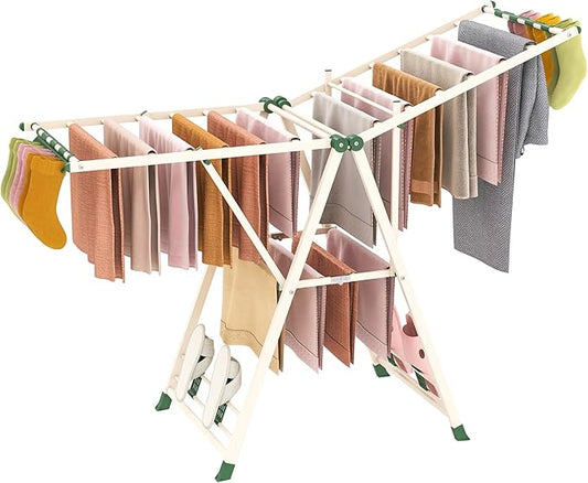 Giantex Clothes Drying Rack, Foldable Metal Laundry Drying Rack with Height Adjustable Wings, 16 Drying Rails, Sock Clips & Shoe Racks, Freestanding Clothing Stand for Indoor & Outdoor, Beige