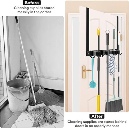 SLIIMU Over Door Movable Broom and Mop Hanging Holder with Sliding 4 Rack 5 Hook, Metal Mop and Broom Holder Wall Mount with 2 Over Door Hook, Door Mount Storage Organizer for Closet Garage Laundry