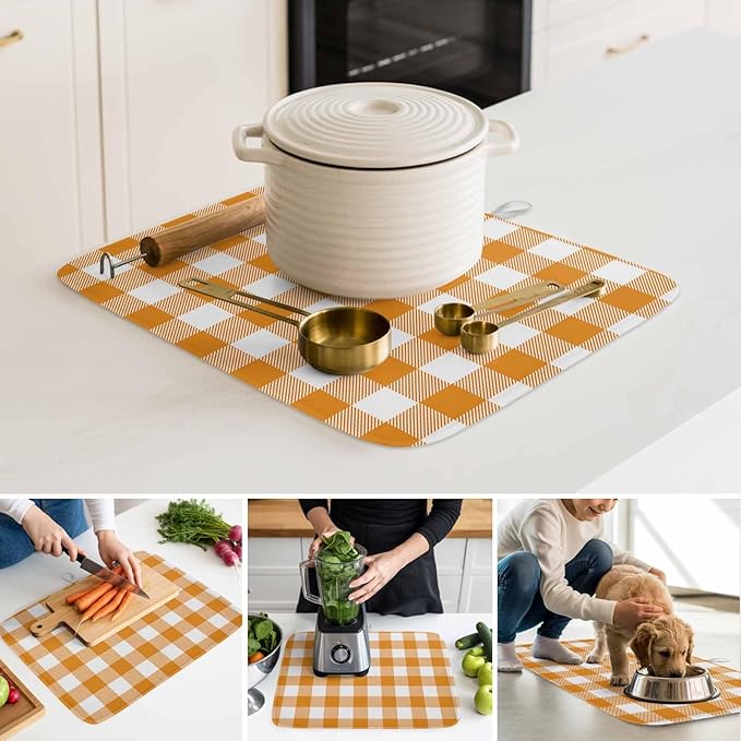 Dish Drying Mat Orange Buffalo Check Plaid Drying Mats for Kitchen Counter Farmhouse Style Absorbent Microfiber Dish Drainer Quick Drying Coffee Mat with Hanging Loop, 18 x24 inch