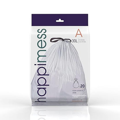 happimess 8 Gallon (30L) Drawstring Trash Bags, Unscented, Clear, Heavy Duty LDPE Liners for Kitchen and Household, Custom Fit, 80 Count (4 Packs of 20 Liners) HPM3000A-C-4SET