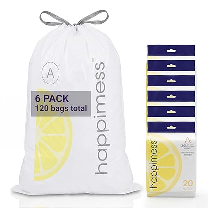 happimess 8 Gallon (30L) Drawstring Trash Bags, Lemon Scent, White, Heavy Duty MDPE Liners for Kitchen and Household, Odor Control, Custom Fit 120 Count (6 Packs of 20 Liners) HPM3100A-W-6SET