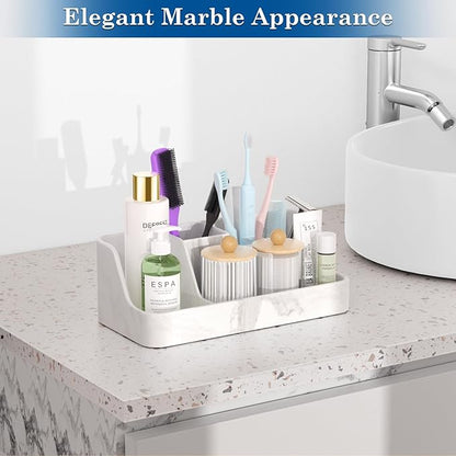 Marble Bathroom Countertop Organizer - Silicone Bathroom Vanity Countertop Organizer - Tooth Brush Organizer With 2PCS Qtip Holder Dispenser - Toothpaste Holder Drainage - Bathroom Essentials