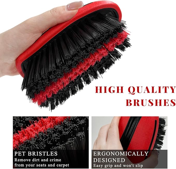 Carpet and Upholstery Cleaning Brush, Stiff Bristle Detailing Scrubber for Car Interior & Home, Portable Ergonomic Scrub Brushes for Floor Mat Carpet Leather Seat Couch (Red)