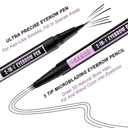 LAVONE Eyebrow Pencil, 2-In-1 Waterproof Eyebrow Pen, with 3 Tip Microblading Eyebrow Pen and Ultra-Precise Brow Pencil, Dual-ended Eyebrow Brush, for Eyebrow Makeup - Black