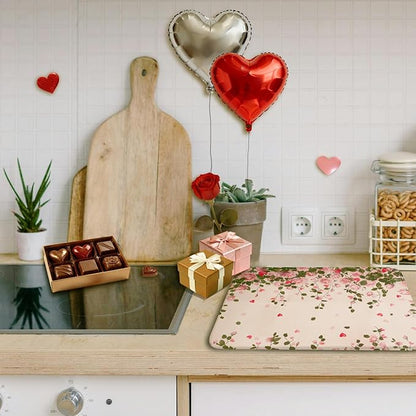 Valentine Dish Drying Mat, Ultra Absorbent Valentines Day Drying Mat for Kitchen Counter, Coffee Maker, 18 x 24 Inch