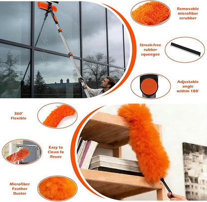 16FT Reach High Ceiling Duster Kits with 3-12FT Adjustable Pole - Includes Extra Long Duster, High Ceiling Duster, Rotatable Window Squeegee & Cobweb Duster for Ceiling Fans and Whole House Cleaning