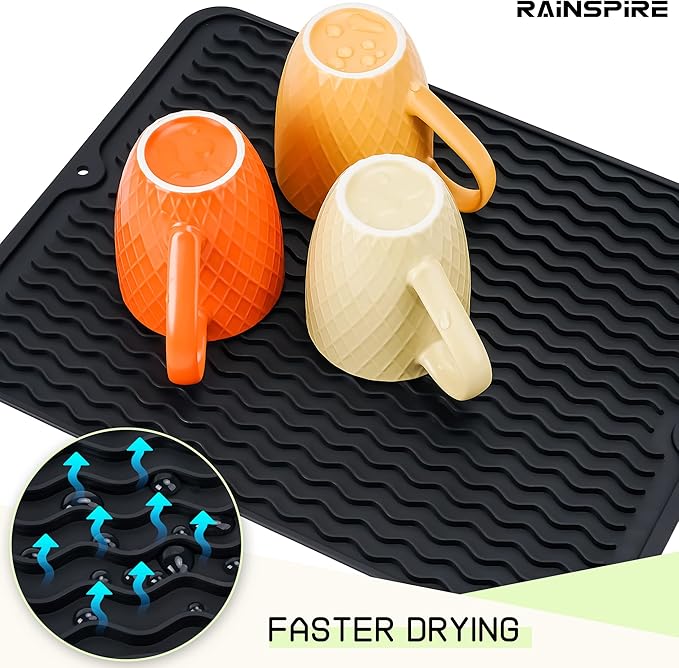 Rainspire Dish Drying Mats For Kitchen Counter, Silicone Dish Mat Drying Kitchen Mat, Food Grade Silicone Sink Drying Mat, Quick Dry Slip Resistant Kitchen Mats, 16x12inch, Black