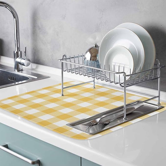 Dish Drying Mat Yellow Buffalo Check Plaid Drying Mats for Kitchen Counter Farmhouse Style Absorbent Microfiber Dish Drainer Quick Drying Coffee Mat with Hanging Loop, 16 x18 inch