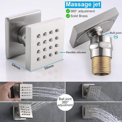 HOMEDEC Shower Jet Body Massage Wall Side Sprayer Square Brass Showerhead Can Swivel, 2x2inch Brushed Nickel, 4pc