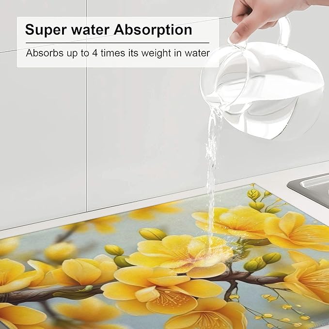 Yellow Flower Dish Drying Mats for Kitchen Counter, Absorbent Reversible Microfiber Dish Drying Pad, Multi-Use Large Drying Mat Coffee Bar Accessories 18"x24"