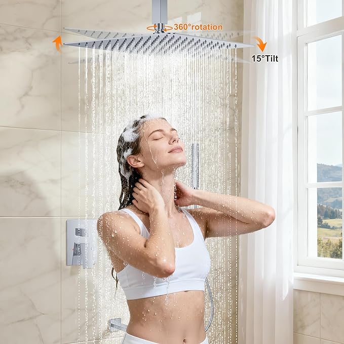 Chrome Shower System with Tub Spout, Ceiling Mounted Bathtub Shower Faucet Set, 12" Rainfall Shower Head and Handheld Shower Combo, High Pressure Shower Fixtures Set with Rough-in Valve