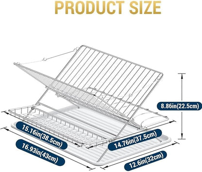 Over The Sink Dish Drying Rack, Collapsible 3 Tier Dish Racks for Kitchen Counter, Large Capacity Stainless Steel Dish Drainer with Utensil Holder and Drainboard (Upgraded)
