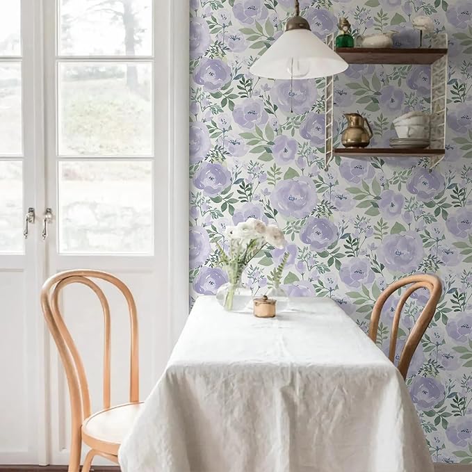 Orainege Floral Wallpaper Peel and Stick Wallpaper Floral Contact Paper 16.9in x118.1in Boho Peony Self Adhesive Removable Wall Paper for Bedroom Decor Vinyl, Purple