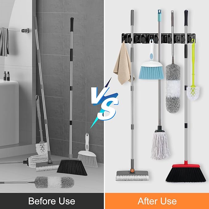 nacena Broom Holder Wall Mount, 2 Packs broom and mop organizer wall hanging broom and mop organizer wall hanging with 5 Ball Slots and 6 Hooks (Black)