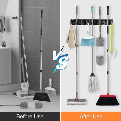 nacena Broom Holder Wall Mount, 2 Packs broom and mop organizer wall hanging broom and mop organizer wall hanging with 5 Ball Slots and 6 Hooks (Black)