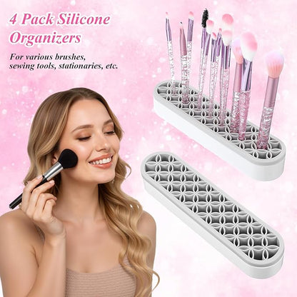 4 Pcs Silicone Makeup Brush Holder Stand, Multi-Purpose Cosmetic Organizer, Desktop Storage Box for Brush, Eyeliner Pencil, Art Supplies, Painting Pen, Sewing Tools, Grey