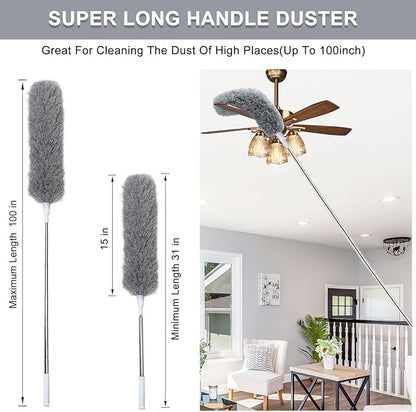 100" Extra-Long Microfiber Feather Duster, Extendable Pole Dusters, Telescoping Cobweb Duster for Cleaning, Bendable and Washable Microfiber Head, Cleaner for High Ceiling, Fan, Furniture